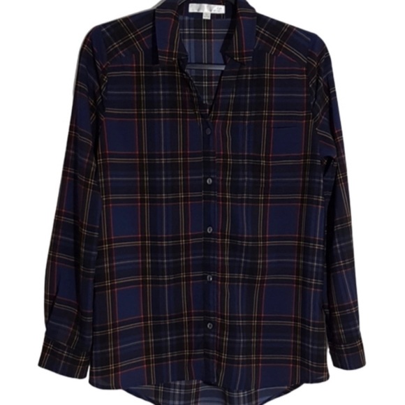 JOA Blue Plaid Chiffon Button Up Shirt - Picture 1 of 8